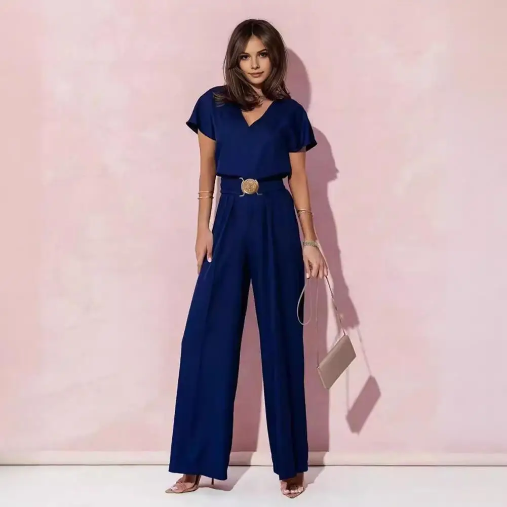 

Women Jumpsuit Chic Women's V-neck Jumpsuit Stylish Short Sleeve Belted High Waist Wide Leg Ol Commute Summer Outfit High Waist