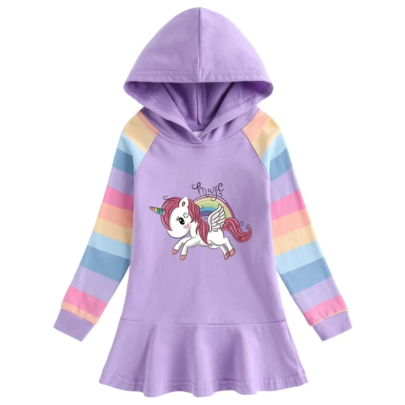 Unicorn Princess Girls Dress Autumn Cotton Toddler Kids Dresses for Children Birthday Party Clothes Costume Hooded Rainbow 2-8T