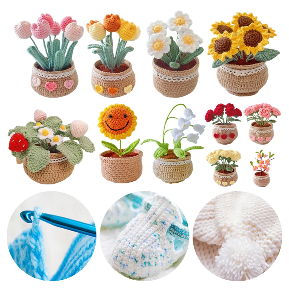 

DIY Flower Potted Crochet Kit with Video Tutorials Plants Crochet Tool Wear Resist Hand Woven Knitting Kit for Adults and Kids