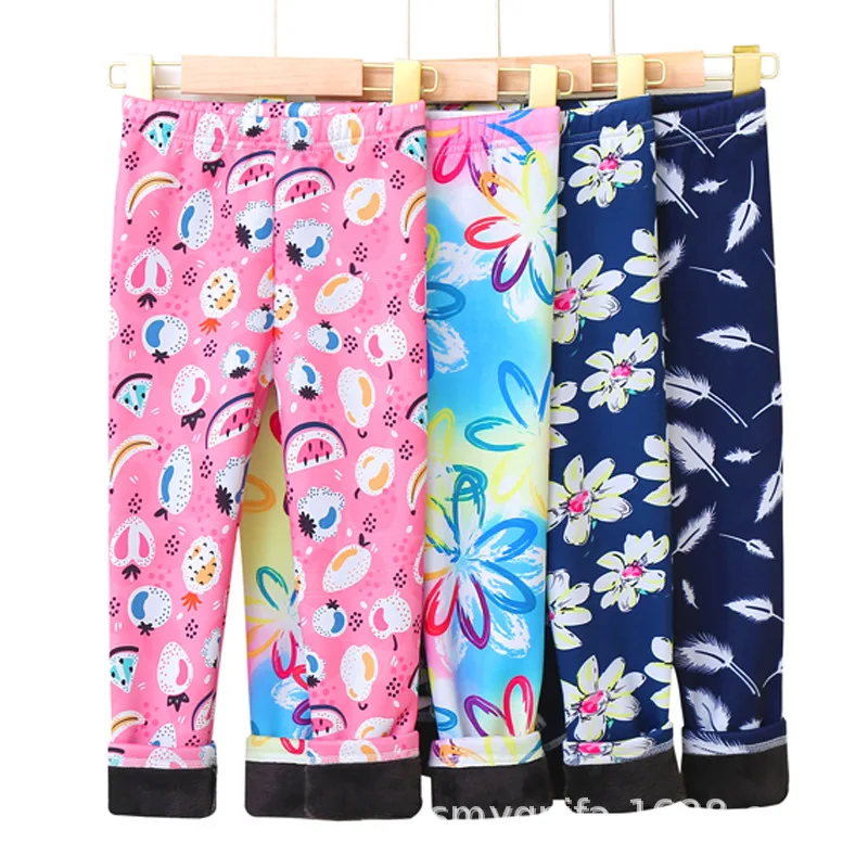 Kids Winter Leggings Plus Velvet Warm Children Pants Flower Print Winter Girls Leggings Kids Trousers Baby Girls Pants 3-13T