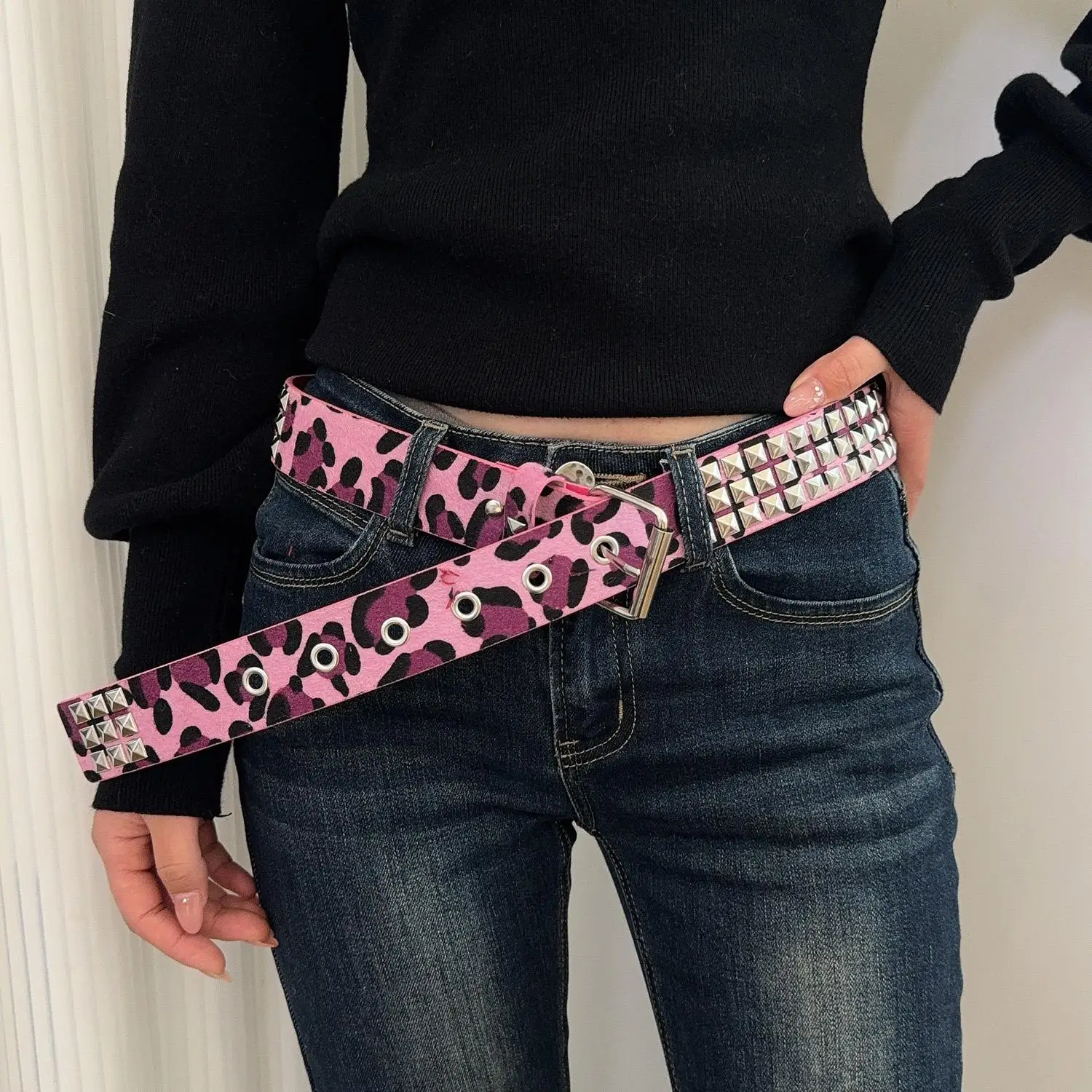 Y2K Leopard Print Studded Belt Women Punk Streetwear Waist PU Leather Metal Rivet Hip Hop Jeans Dress Accessories Retro Fashion