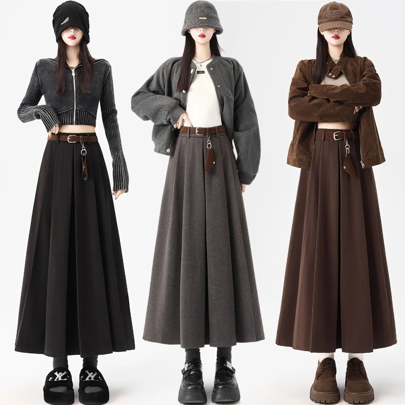 

Винтажные шерстяные плиссированные юбки трапециевидной формы, женские зимние толстые юбки с высокой талией 2022, элегантные универсальные юбки средней длины с поясом