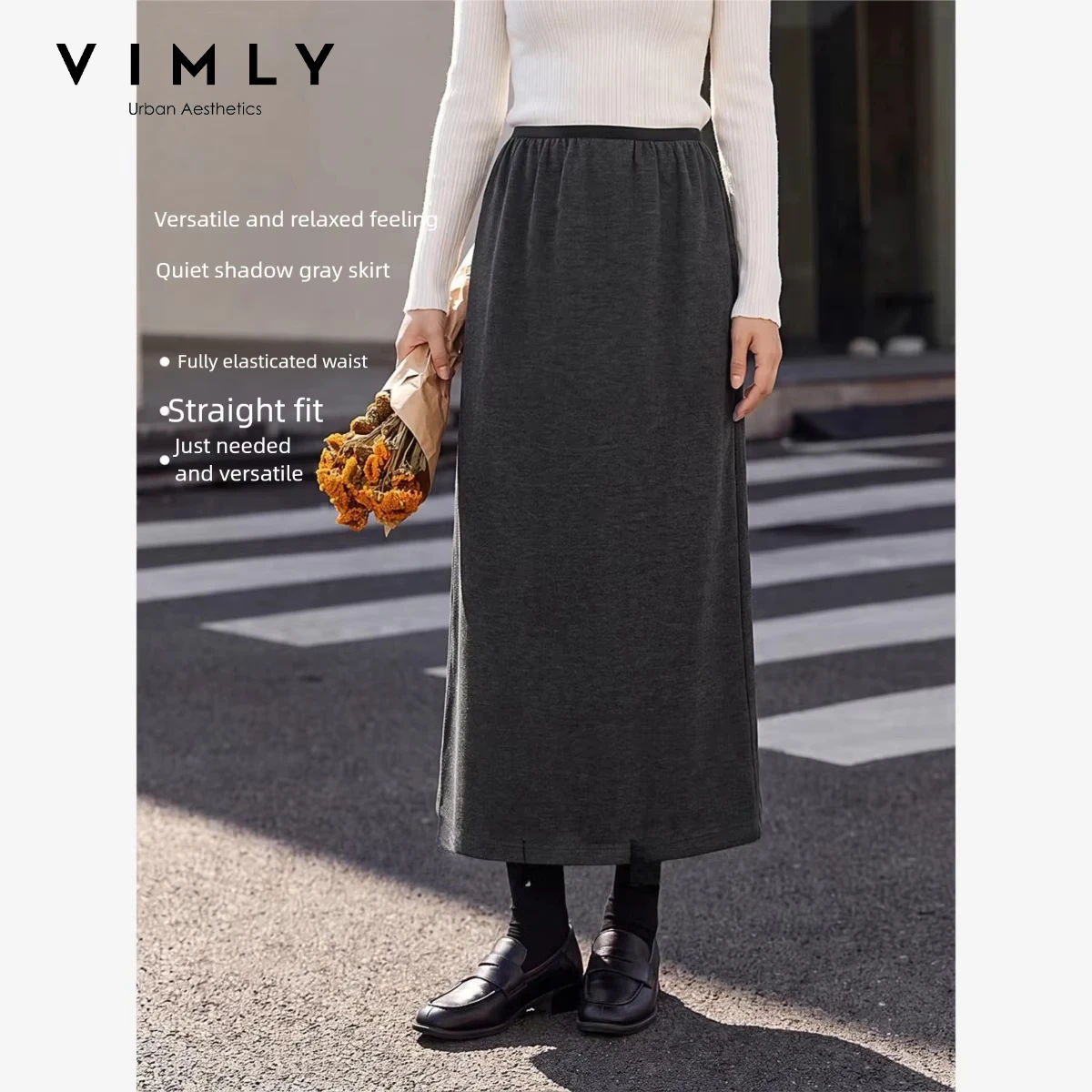 VIMLY Grey Midi Skirt for Women 2026 Autumn Fashion Elegant Color Block Spliced Drawstring Tie Straight Skirt Female 31691