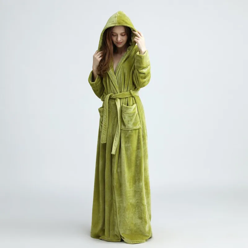 Winter Bathrobe Long Sleeve Warm Flannel Kimono Robes Women Shower Robe Hooded Nightwear Couple Coral Fleece Dressing Gown