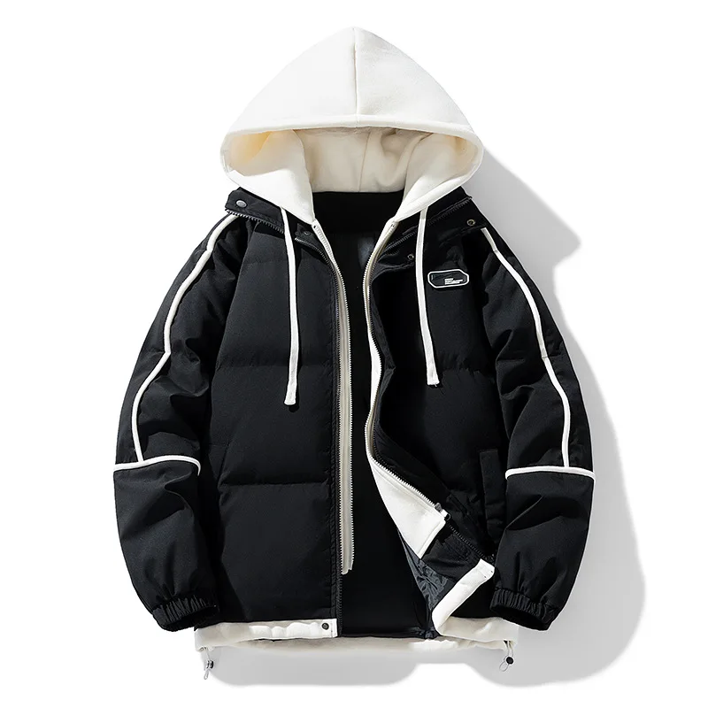 Nuevo modelo de chaqueta gruesa acolchada de algodón para mujer, conjunto de dos piezas falso para mantener el calor con capucha, top liso elegante a la moda