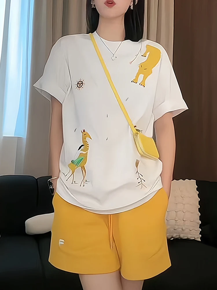 

Cartoon Print Casual T-Shirt Shorts Set Women's Summer Loose Fit Wide Leg Pants Two Piece Suit Breathable High Waist Animal P...