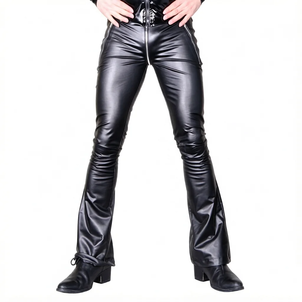 U-Shaped Zipper PU Leather Trouser Men's Fashion Rock Style Bellbottom Pants Club Dance Pants Men's Motorcycle Flare Trousers