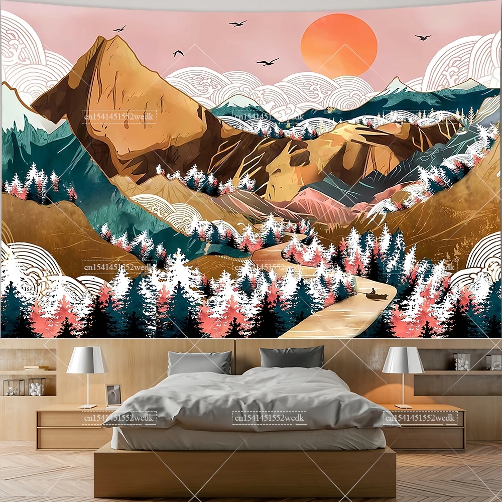 Mountains Tapestry Sunset Landscape Tapestrys Room Decor Aesthetic Star Starry Night Tapestries Art Posters Dorm 3D Wallpapers