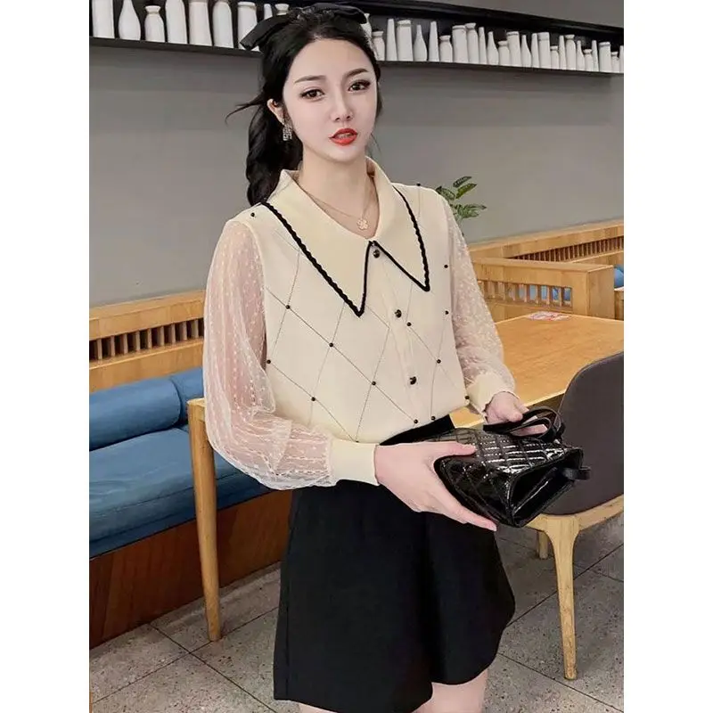 Xiaoxiangfeng Bubble Bead Baby Neck Chiffon manica lunga 2024 primavera e autunno nuovo stile camicia lavorata a maglia sottile e sottile