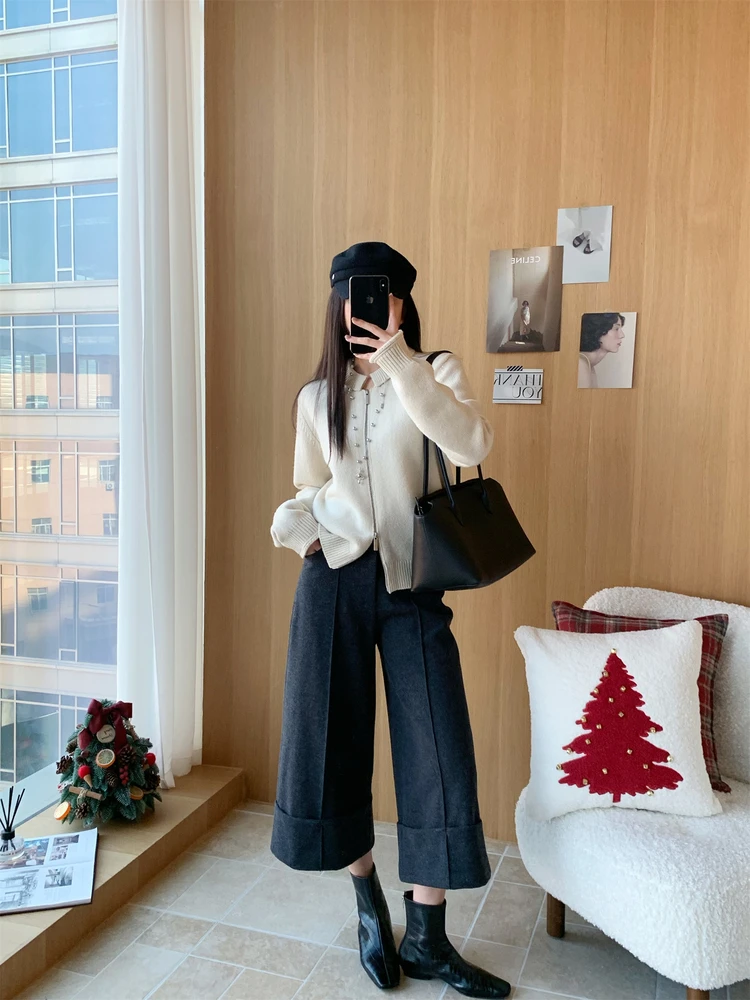 

Женский вязаный шерстяной свитер с двойной молнией, утепленный, с длинными рукавами, и комплект из восьми предметов: широкие брюки из шерстяной смеси, трикотажные изделия