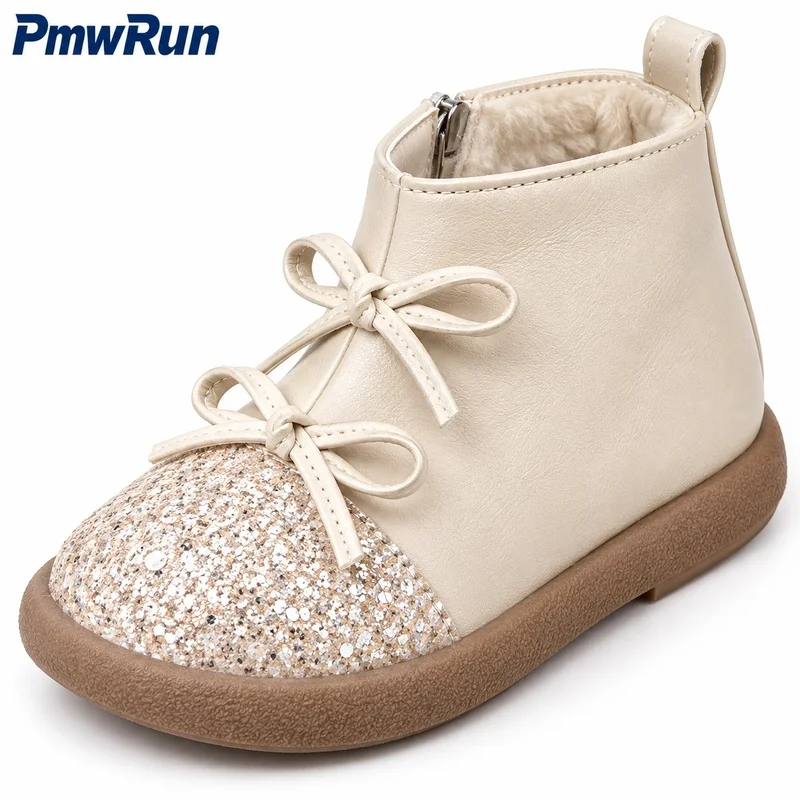 Korean Style Winter Boots For Girls Sequins Bow Children's Plush Footwear Anti-slippery PU Leather Waterproof Paaded Cotton Shoe