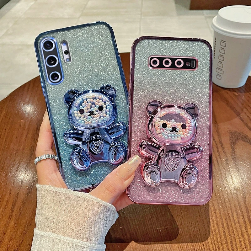 S 10 Glitter Bright Plating Bear Holder Case For Samsung Galaxy S10 S9 Note 10 Plus 20 note20 Ultra Silicone Stand Cover S10plus