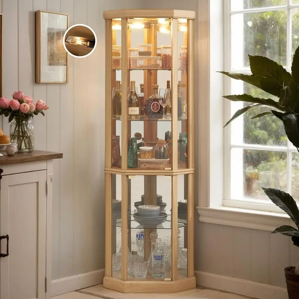 

70 Tall Illuminated Glass Display Case with 5 Adjustable Shelves, Tempered Glass Door, Light Oak Finish
