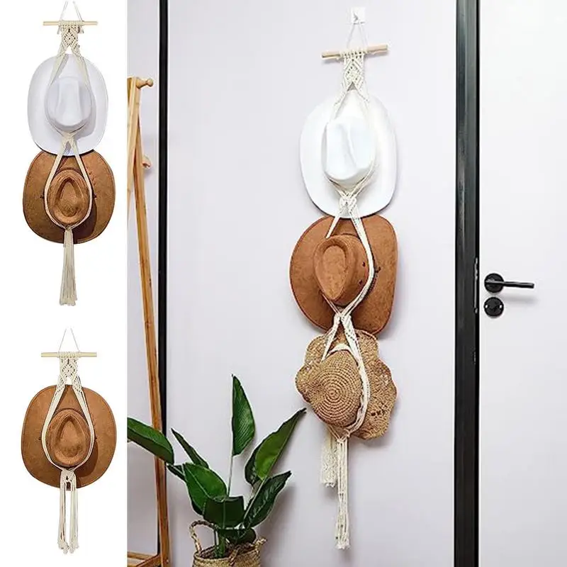 Macrame Hat Hanger Bohemian Hat Display Rack Boho Handmade Cotton Woven Decorative Wall Hanging Cowboy Hat Storage Organizer