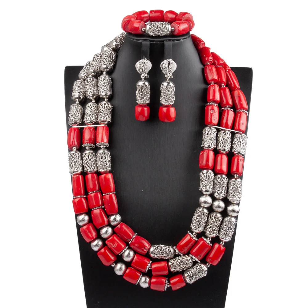 

BIG Red Coral Jewelry Nigerian Wedding Real Original Coral Jewelry Set Bridal Necklace Bracelet Earrings Set For Women ABG175