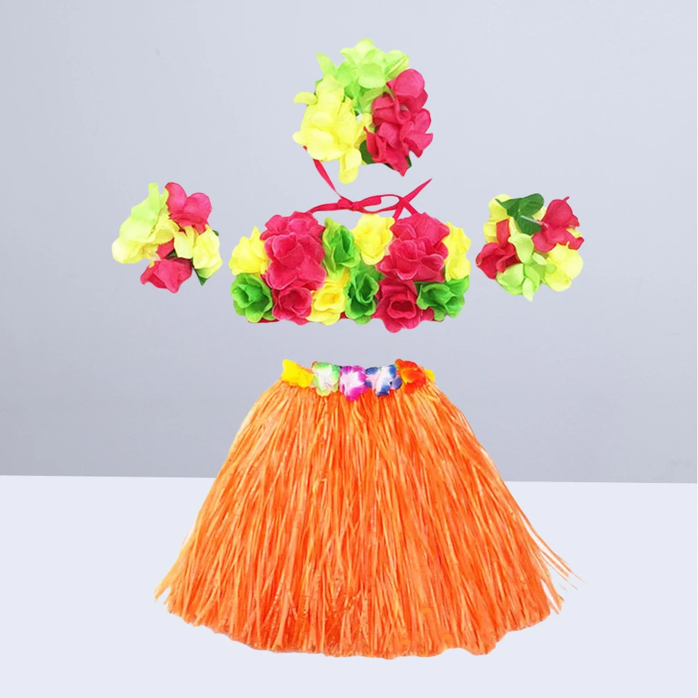 

5pcs Dance Costume Luau Grass Skirt Set Women Hawaiian Party Tropical Outfit Carnival Clothing Colorful Accessories