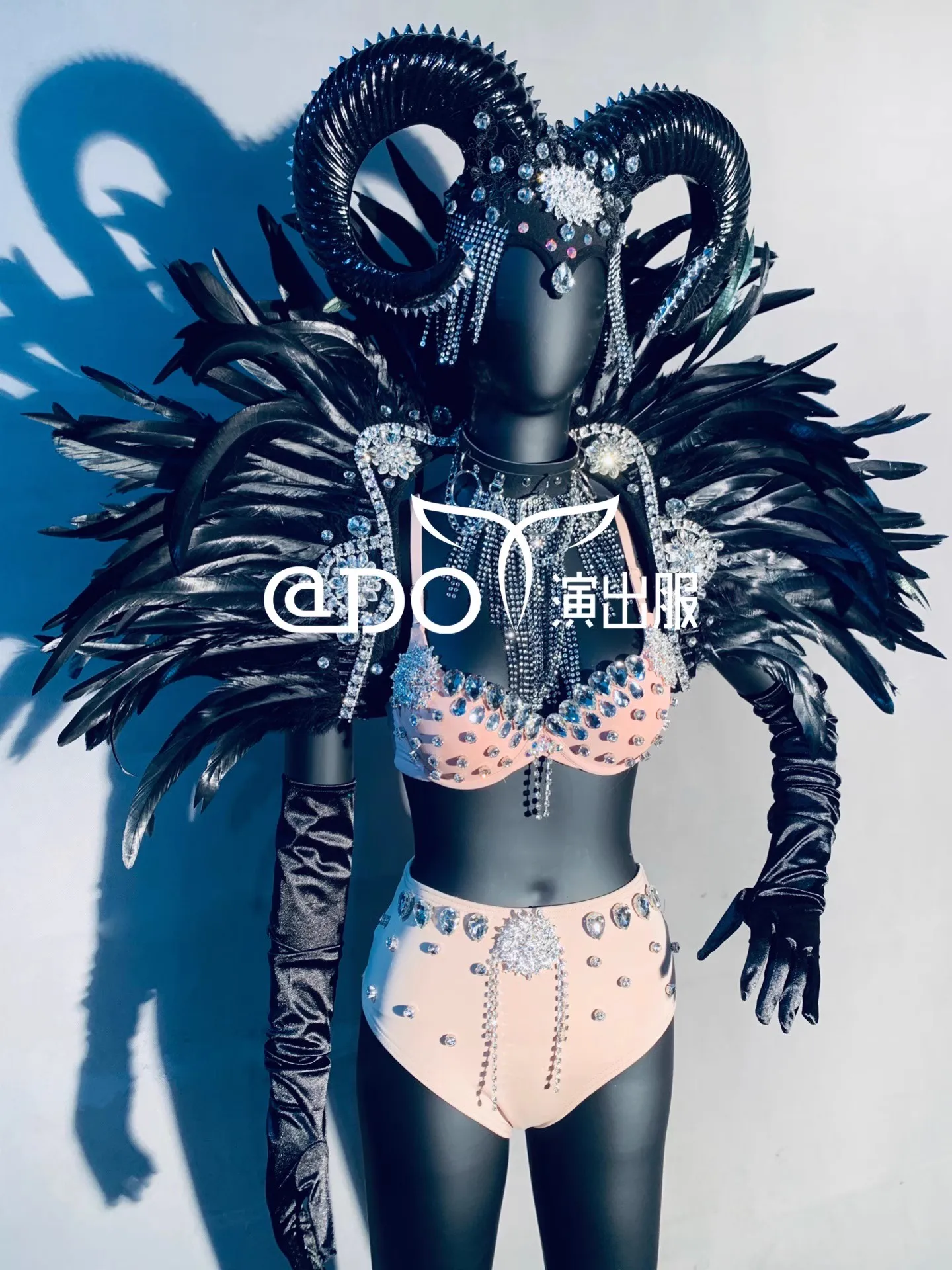 Exaggerated Cow Horn Headpiece+Feather Tops+Bikini+Gloves Set GOGO Show Costume Bar Nightclub Singer Dance Party Club Rave Wear