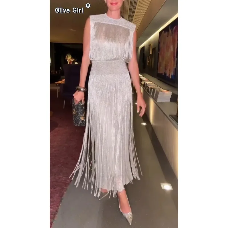 Olivegirl-vestidos sexis con cuello levantado, sin mangas, borlas, Jersey ajustado, Vestido de cintura alta, Vestido femenino para fiesta y boda