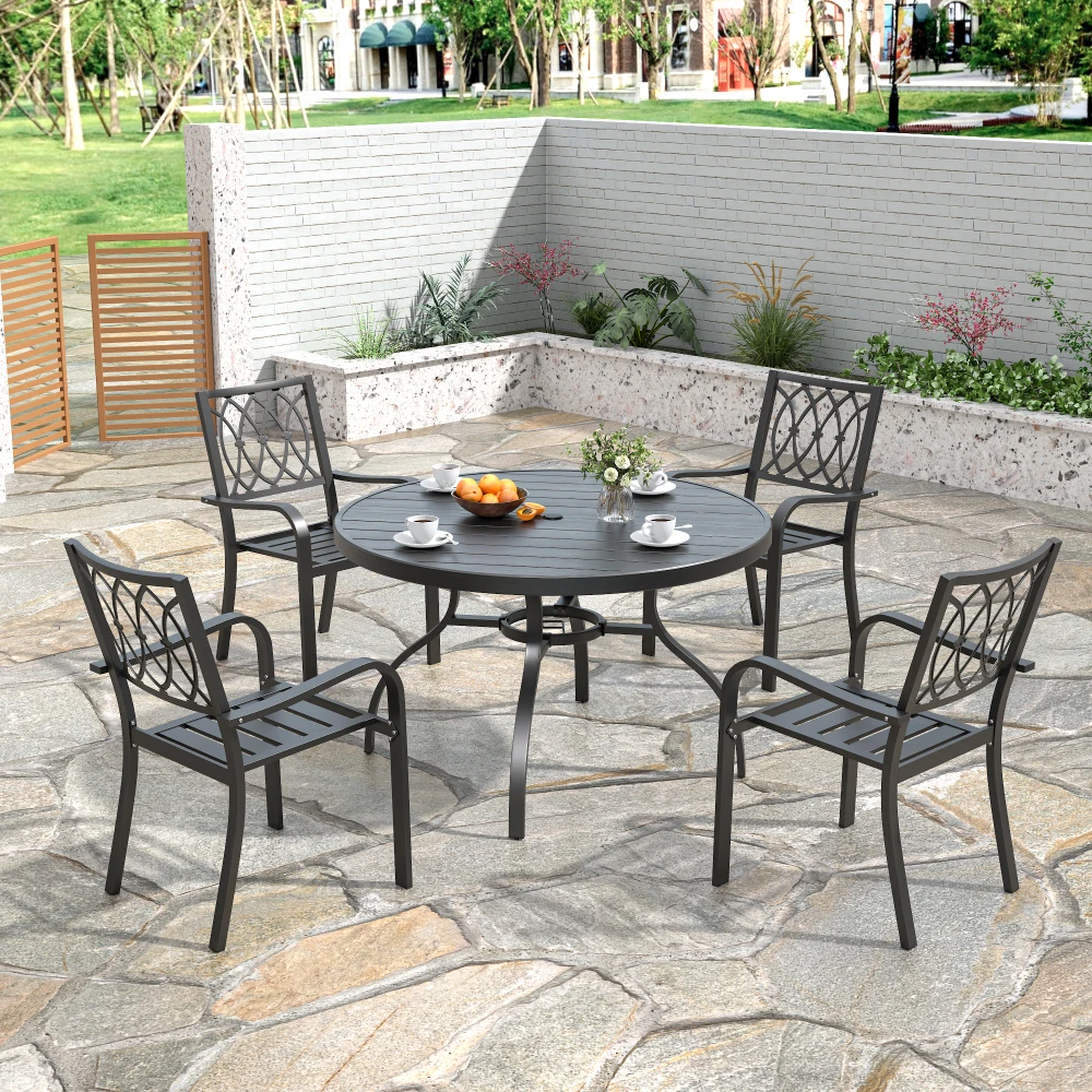 

Ye 5-Piece Outdoor Patio Dining Set: 47" Round Wood-Grain Slat Table w/ Umbrella Hole + 4 Stacking Metal Chairs (350 lbs Capacity), Rustproof, Breathable Design, 30-Min Assembly for Patio, Garden, Balcony
