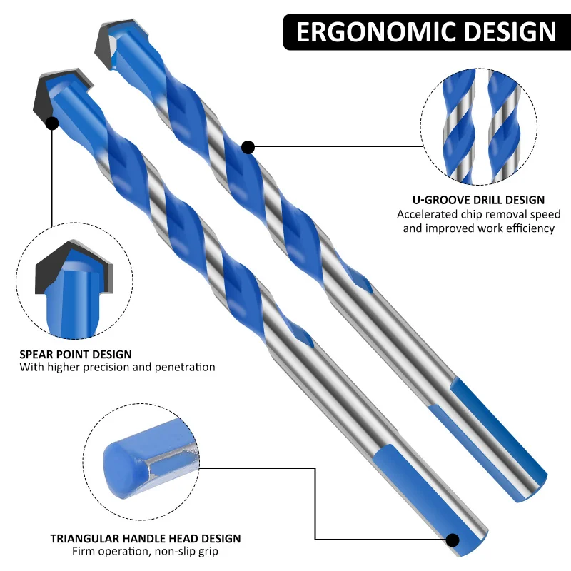 Kit Bor Overlord Biru Pengeboran Beton Kaca Ubin Koleksi Mata Bor Segitiga Multifungsi Paduan Lubang Kekerasan Tinggi