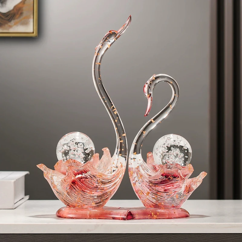 Translucent Blue Resin Swan Pair with Crystal Ball and Golden Foil Swan Ornaments Modern Living Room Coffee Table Decoration