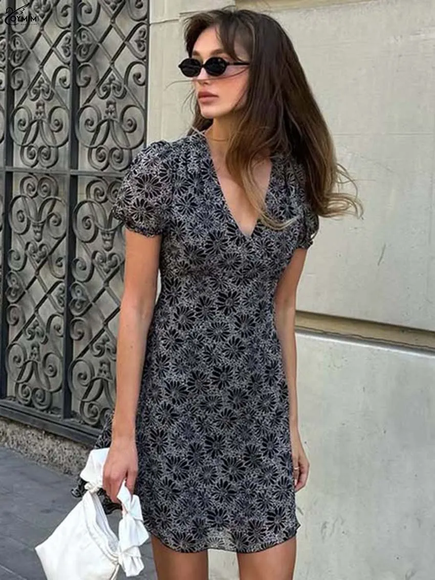 

Oymimi Fashion Black Print Dresses For Women Elegant V-Neck Short Sleeve High Waist Dresses Summer New Zipper Mini Dress Female