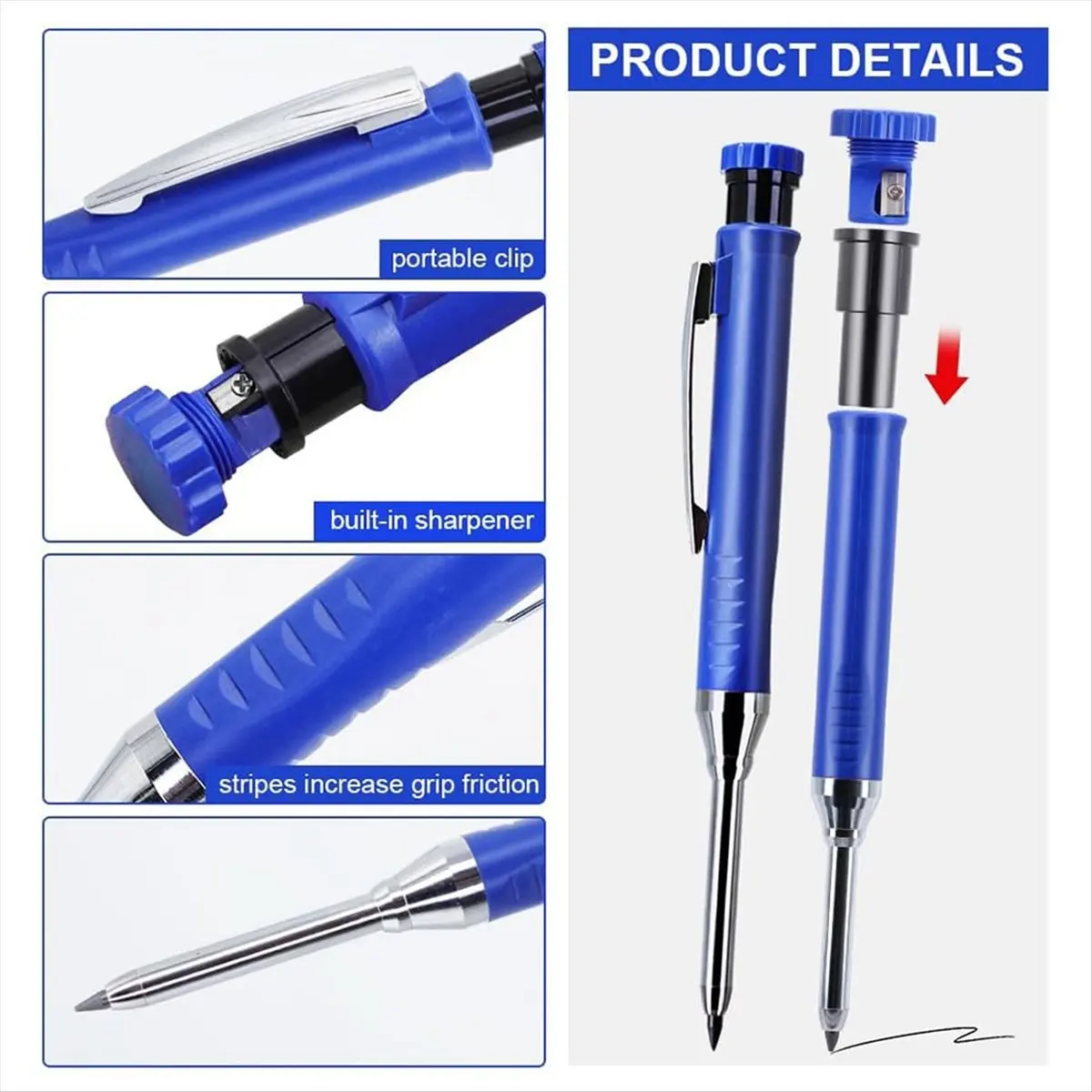 NEW Professional 4-Pen Marking Set - 4 Pens + 24 Leads (Black/Blue/Red/Yellow) - Built-in Sharpeners, Extended Nose