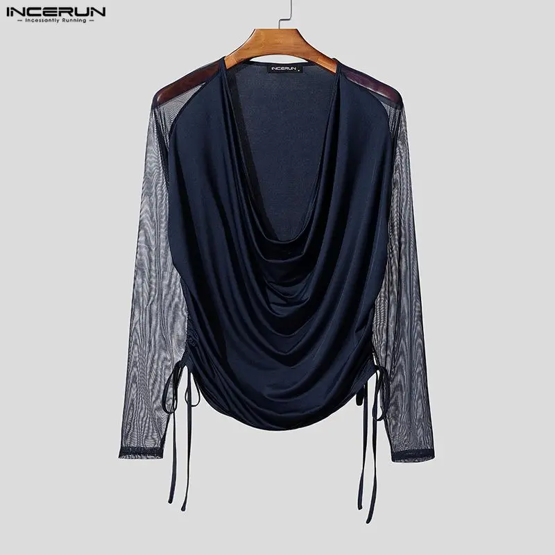 INCERUN Men's T Shirt Mesh Patchwork See Through Long Sleeve Male Tee Tops Streetwear Pleated Lace Up Stylish Party Men Clothes