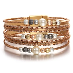 Amorcome Boho Pearl Beads Metal Chain Wrap Bracelets for Women Trendy Braided Leather Bracelets Summer Beach Jewelry Femme Gift