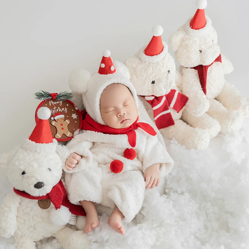 Tuta natalizia per neonato Puntelli per fotografia neonato 0-1 mesi Abito caldo per bambino con cappello, orsacchiotto in posa per bambola Servizio fotografico in studio
