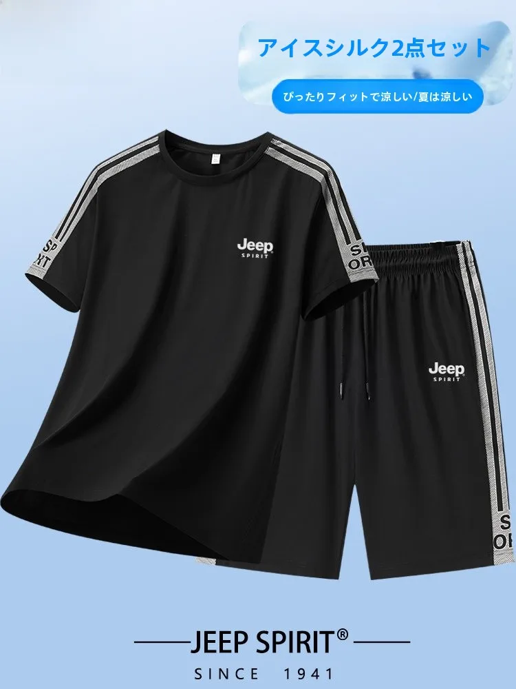 ice-silk-quick-dry-sports-suit-men's-summer-middle-aged-dad-running-fitness-short-sleeve-shorts-thin-casual-sportswear