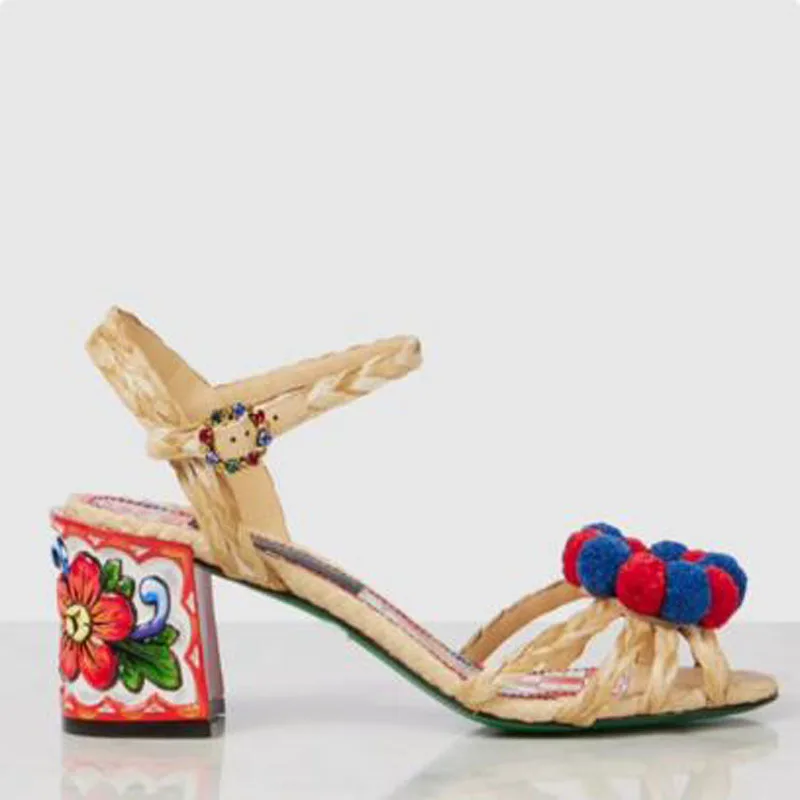 New Women Apricot Braided Leather Ankle Strap Summer Sandals 6 CM Square Heel Pompom Decor Flower Print Party Sandals Shoes Lady
