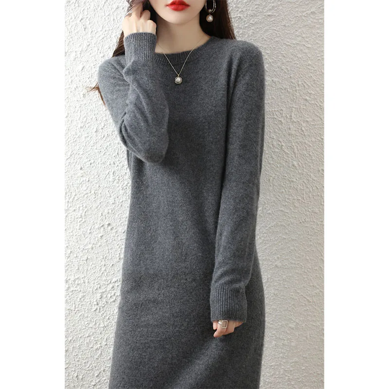 2022 Womens Winter 100% Wool Sweaters And Autumn Knitted Dresses Pullovers High Quality Soft  Warm Knee-Length Jumper S-XXL