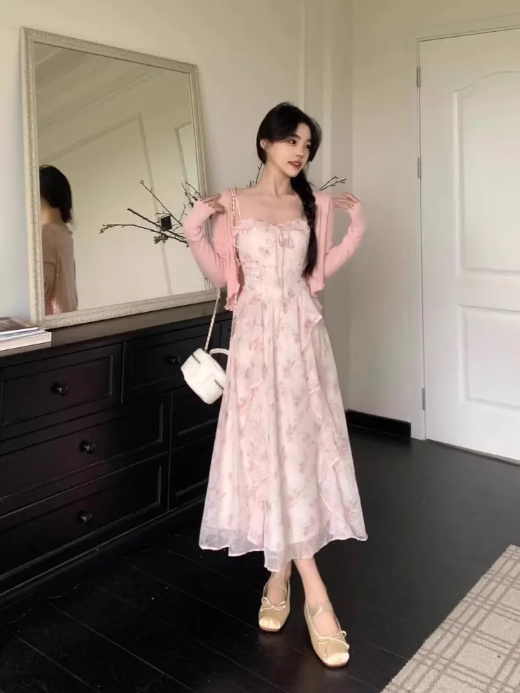 เดรสยาวลายดอกไม้ฤดูร้อนสำหรับผู้หญิง ดีไซน์สวยหรู ทรงเข้ารูป สายเดี่ยวยาว สไตล์สุภาพสตรี