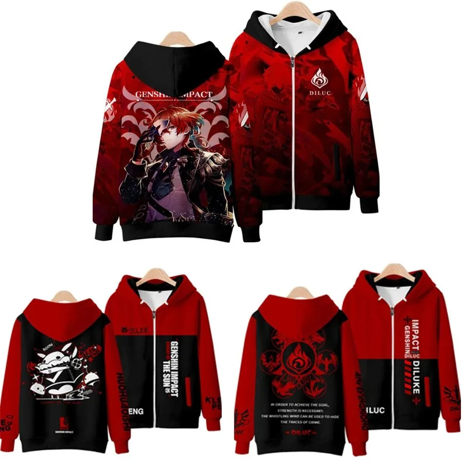 Hot Game Genshin Impact Cosplay Jacket Klee Diluc Hu Tao Keqing 3D Print Funny Hoodie Zipper Hooded Sweatshirt Anime Clothes