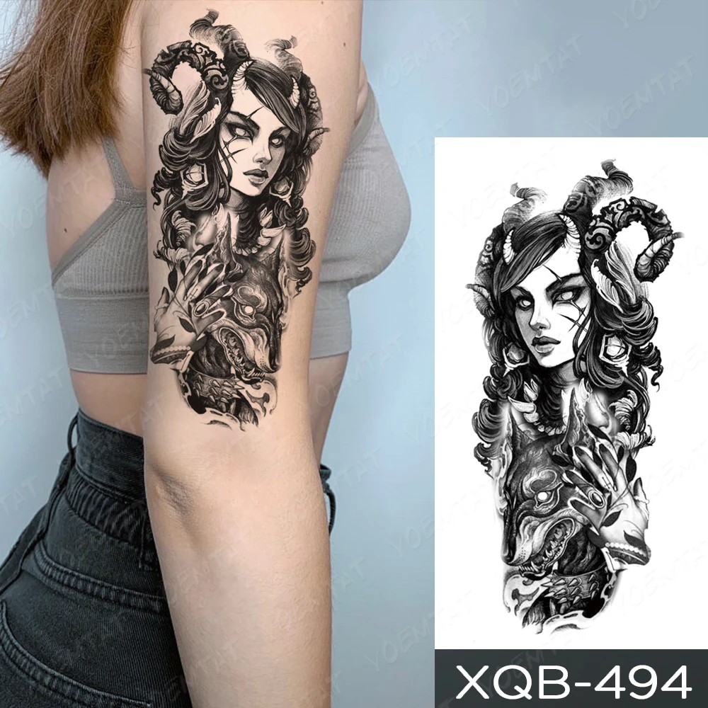 Pegatina de tatuaje temporal a prueba de agua para hombres y mujeres, tatuaje de calavera de búho de Anime Medusa, manga de brazo, tatuajes falsos