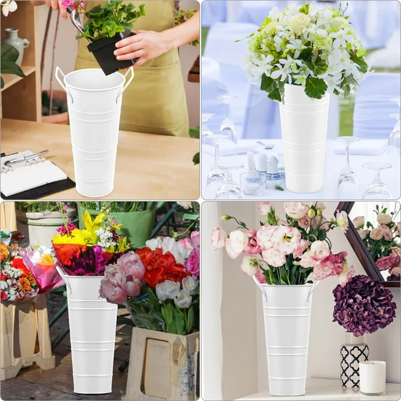 

MCGS-White Flower Buckets,6 Pcs 9.8" Tall Galvanized Metal Vases With Waterproof Coating, French Style Flower Container
