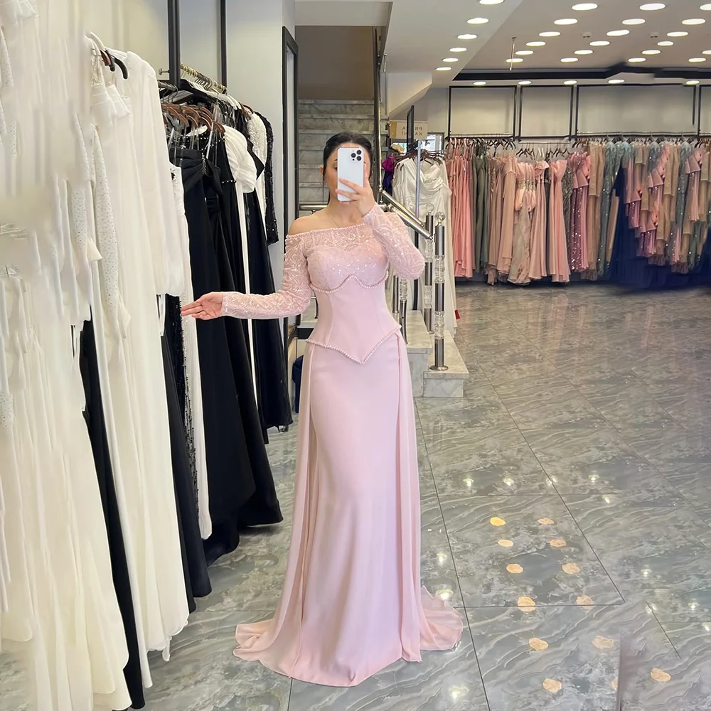 

Розовое вечернее платье по индивидуальному заказу с вырезом лодочкой и блестками с длинными рукавами и бисером Русалка Элегантные вечерние платья Длинные вечерние платья