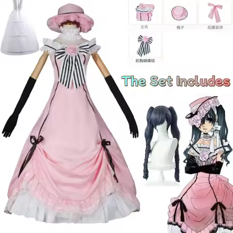 Anime Black Butler Ciel Phantomhive Young Master Cosplay Pink Robin Uniform Lolita Suit Wig Sleeveless Lace Maid Cut Dress