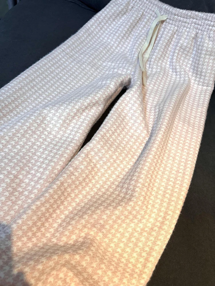 Celana Kotak-kotak Merah Muda Wanita Celana Panjang Fashion Kasual Longgar Rapi Manis Mewah Musim Dingin Celana Kaki Lebar Lurus Pinggang Tinggi Korea Sederhana