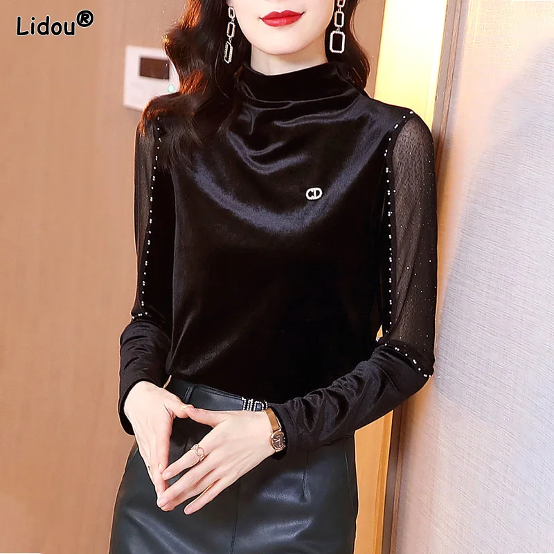 

Elegant Fashion Black Skinny Long Sleeved Trend T-shirts Spring Autumn Turtleneck Solid Color Graceful Women's Clothing 2022