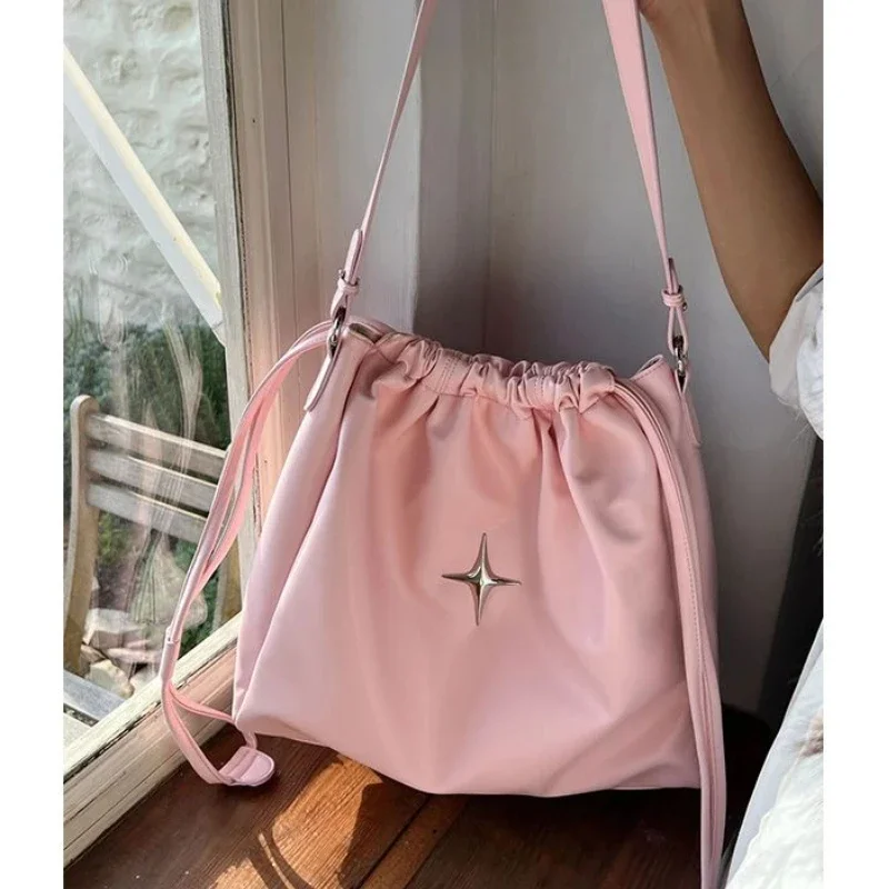 Large Capacity Women\'s Drawstring Shoulder Bag Soft Pu Leather Ladies Star Casual Tote Bags Solid Color Female Girls Handbags