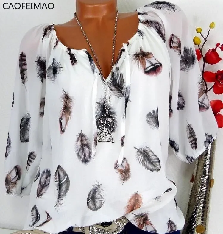 5XL Plus Large Size Women's Blouses Half Sleeve Shirts Blusas Summer Tops New Leisure Blouse White Loose Feather Print V Neck