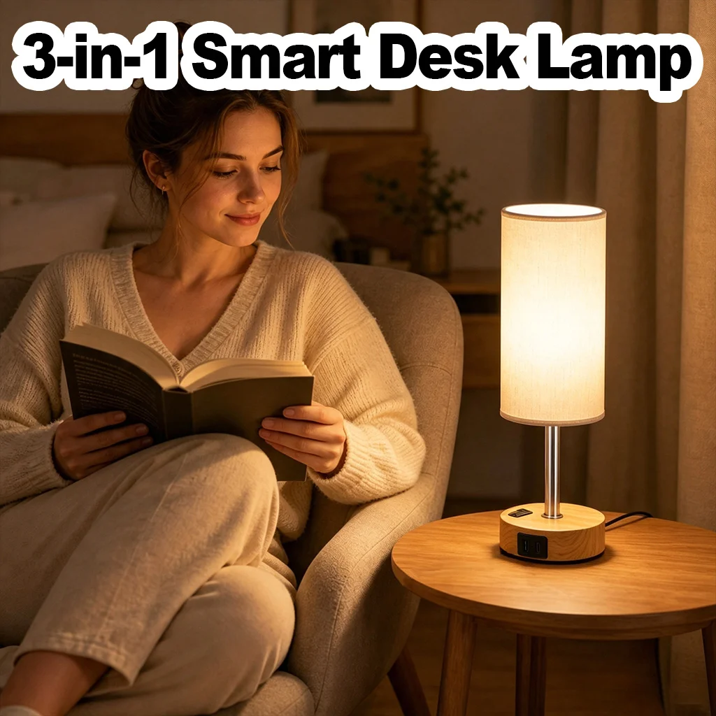 Bedside Lamp Touch Control 3 Way Dimmable Metal Base Warm Light USB A+C Charging Ports AC Outlet for Bedroom Living Room Reading