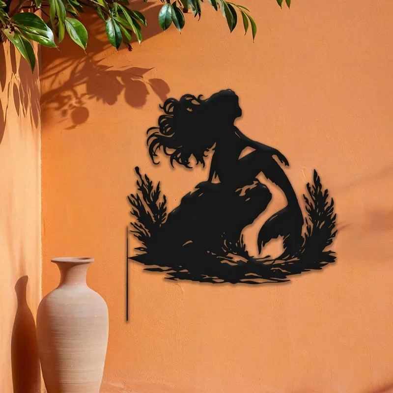 Wrought Iron Mermaid Metal Wall Art 15.75 Inch Nautical Ocean Theme Indoor Outdoor Hanging Decor for Living Room Bedroom Bat