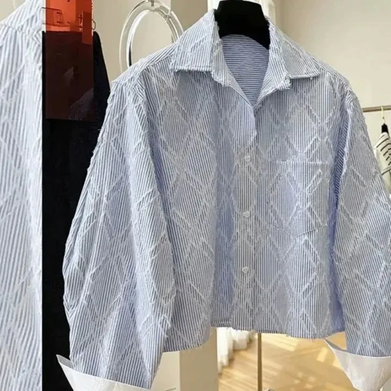 Loose Blue Long-sleeved Women's Striped Design Shirt Unique Top New Casual Commuting All-match Top