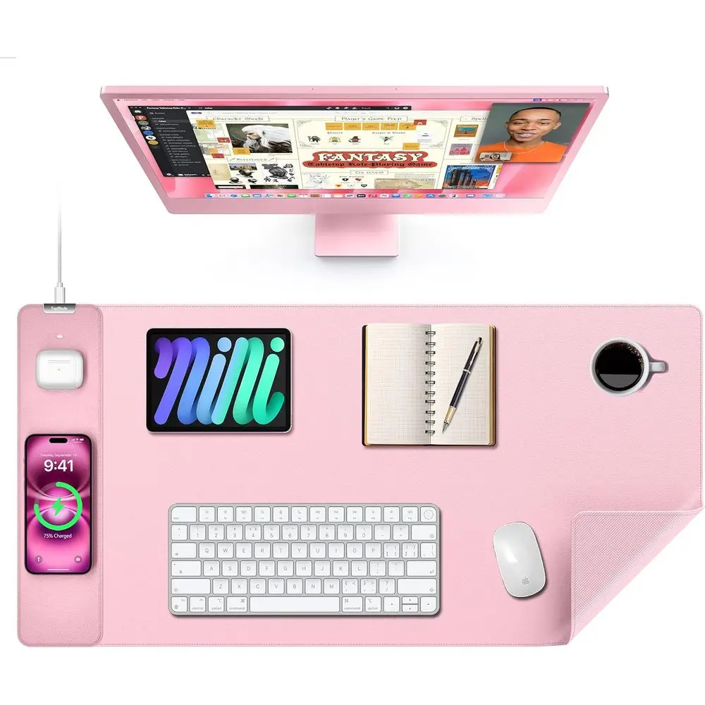 

XXL Waterproof Leather Mouse Pad with 15W Charging for Home Office, Compatible with MacBook, PC, Laptop - Pink