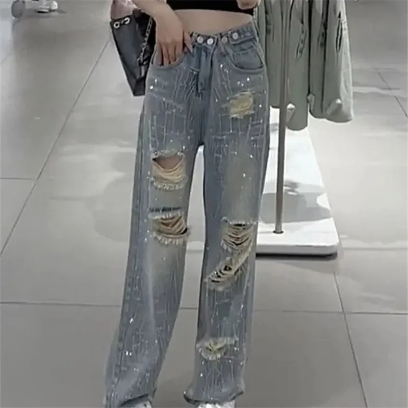 

Summer New High Waist Fashion Hole Casual Denim Trousers Straight Wide Leg Pants High-Waisted Straight Ripped Jeans Women B50