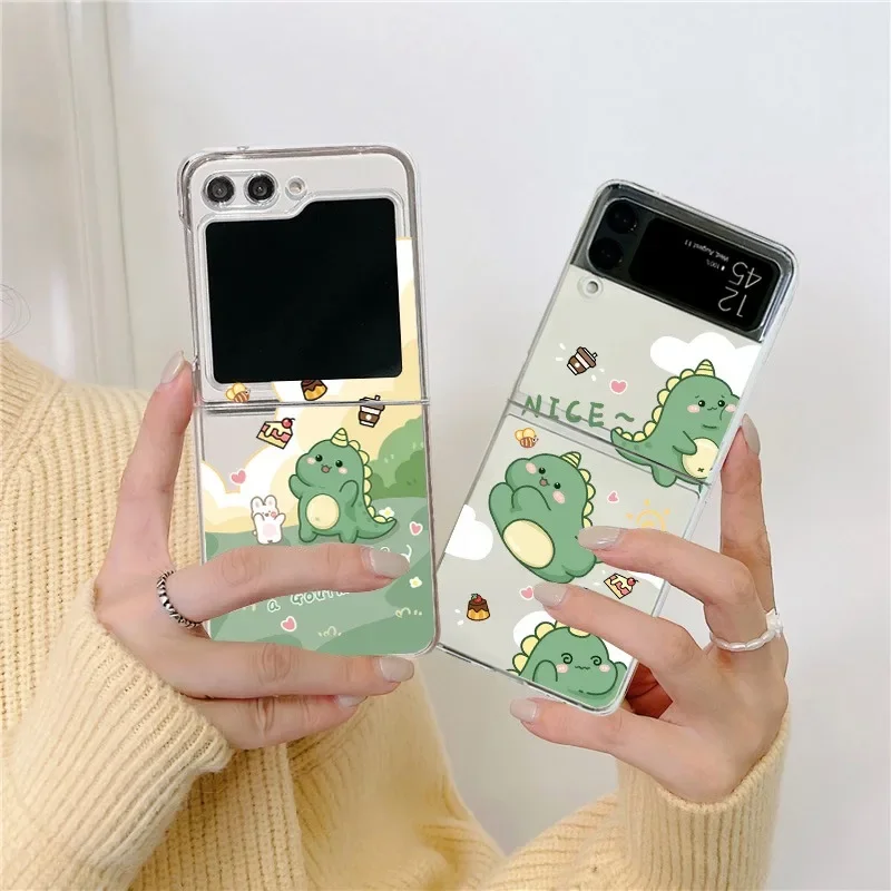 Funda transparente con dibujos de dinosaurios para Samsung Galaxy Z Flip 6, ZFlip 5, funda plegable para Samsung ZFlip 4, 3, 7