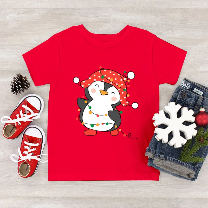 Hot Selling Christmas Penguin Cartoon Print Kids T Shirts Short Sleeve Personality Shirt Funny Cute Penguin Xmas Tshirt Boy Girl